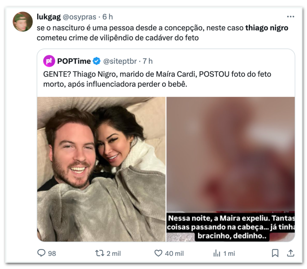 Thiago Nigro posta foto de Feto em redes